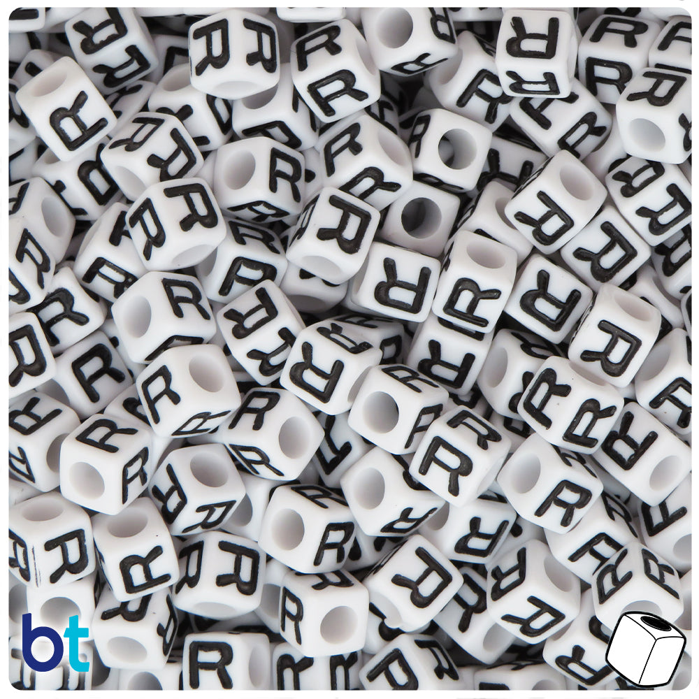 White Opaque 7mm Cube Alpha Beads - Black Letter R (75pcs)