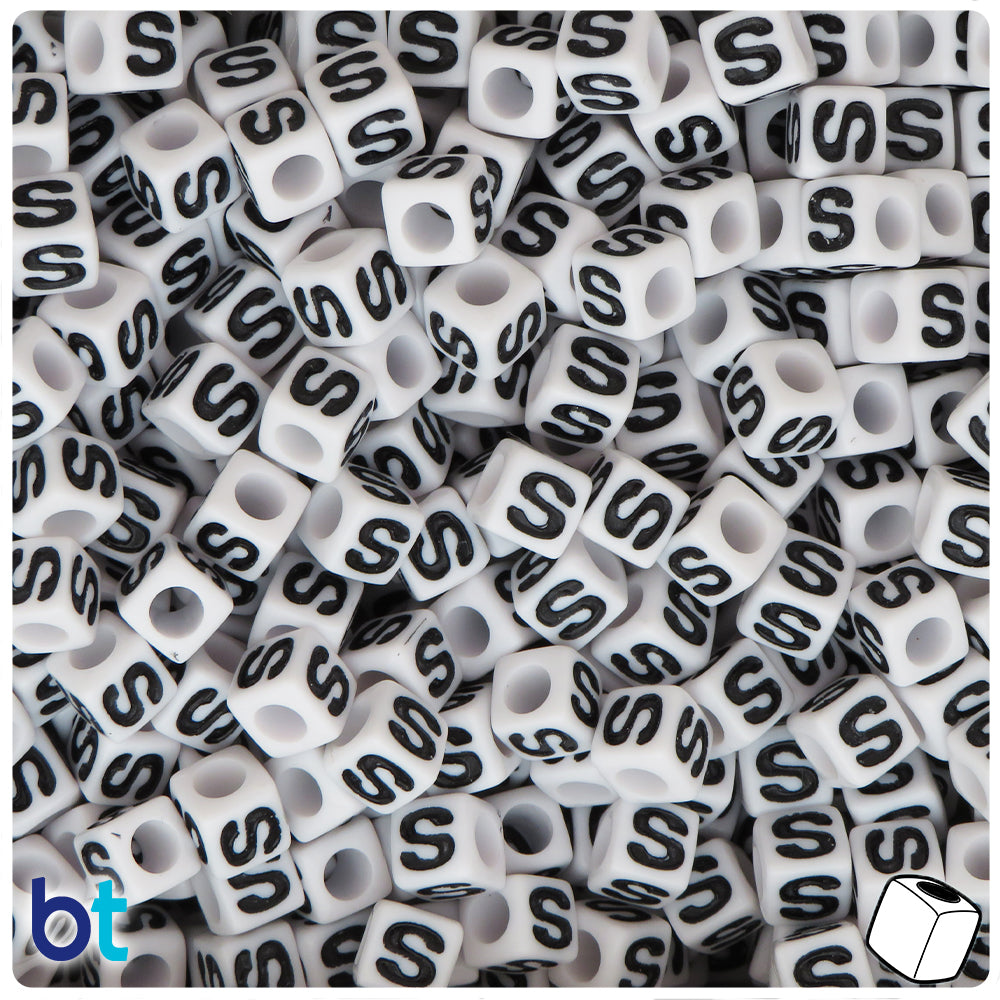 White Opaque 7mm Cube Alpha Beads - Black Letter S (75pcs)