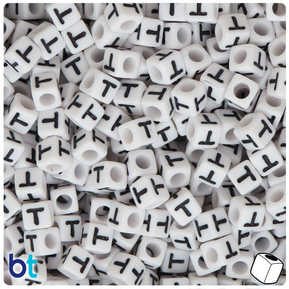 White Opaque 7mm Cube Alpha Beads - Black Letter T (75pcs)