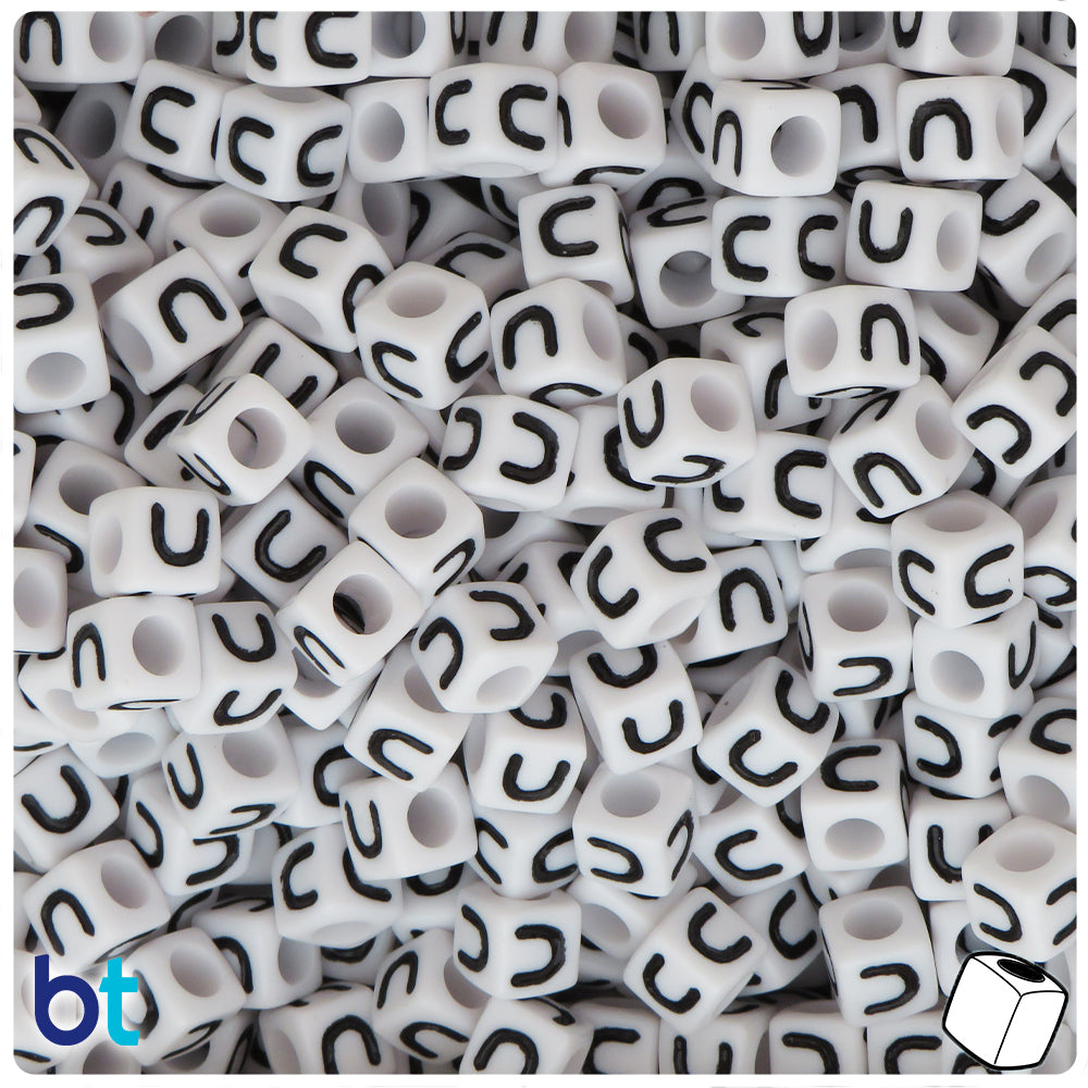 White Opaque 7mm Cube Alpha Beads - Black Letter U (75pcs)