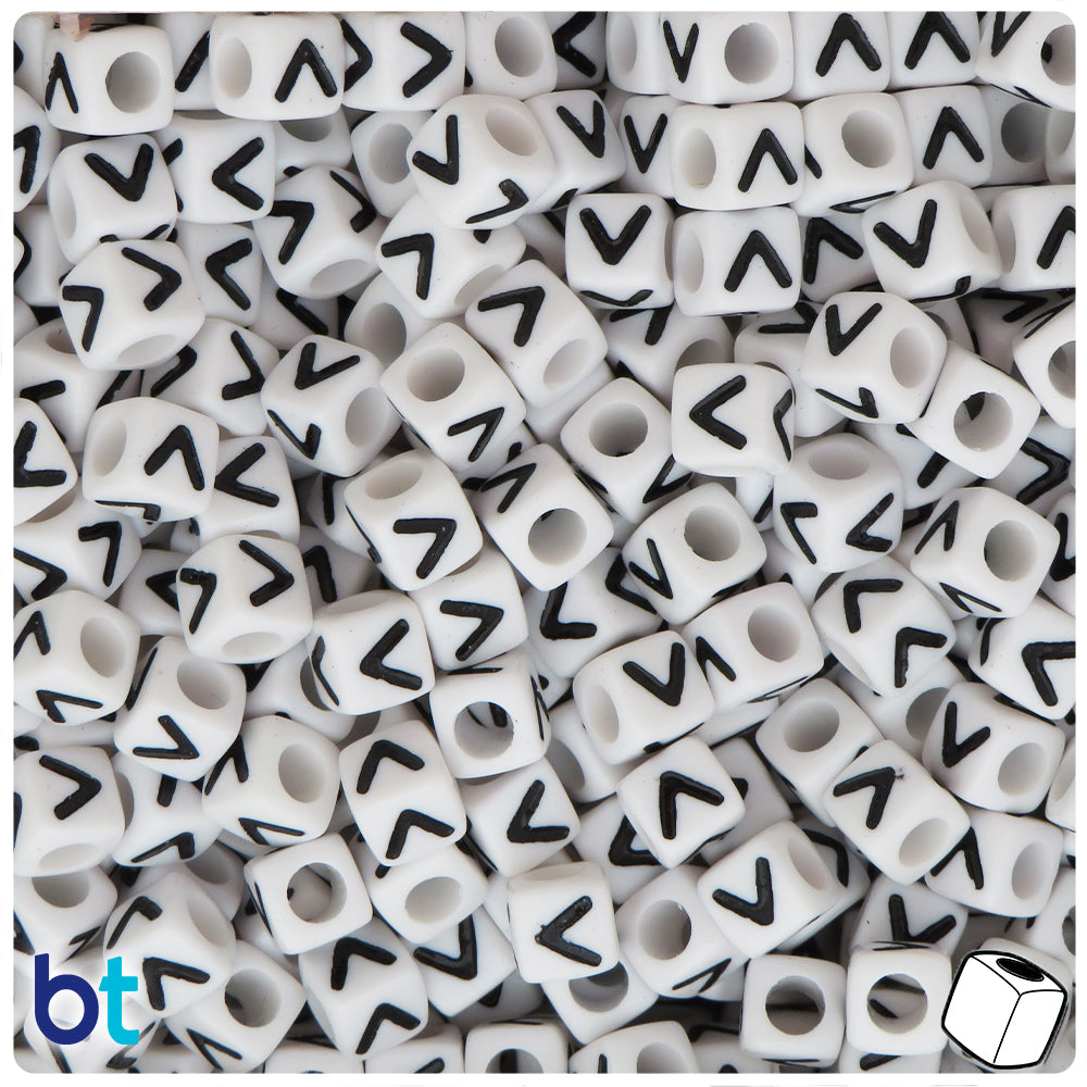 White Opaque 7mm Cube Alpha Beads - Black Letter V (75pcs)