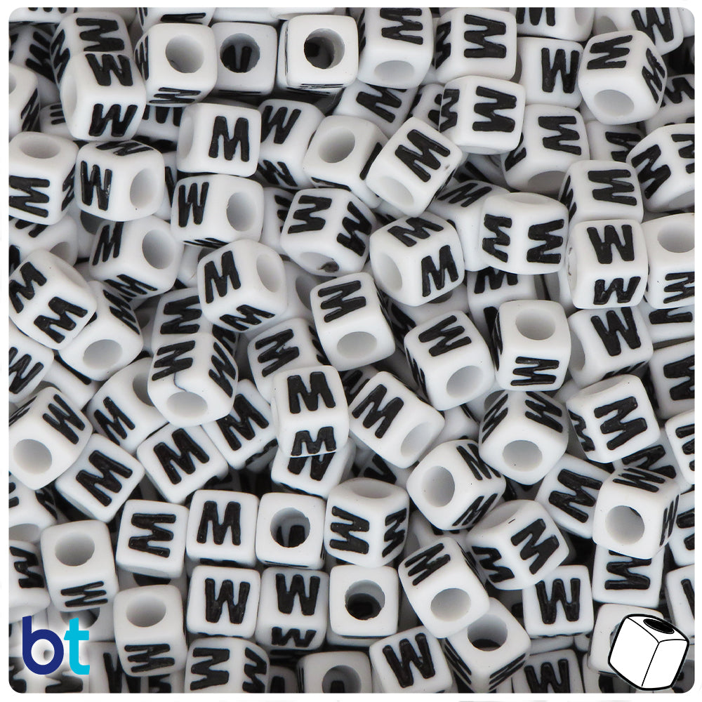 White Opaque 7mm Cube Alpha Beads - Black Letter W (75pcs)