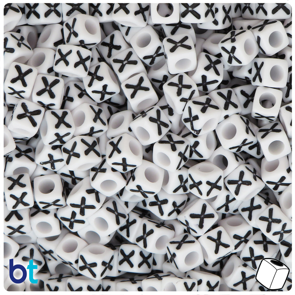 White Opaque 7mm Cube Alpha Beads - Black Letter X (75pcs)
