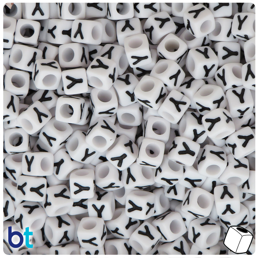 White Opaque 7mm Cube Alpha Beads - Black Letter Y (75pcs)