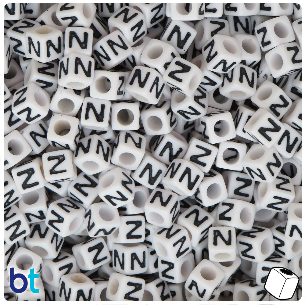 White Opaque 7mm Cube Alpha Beads - Black Letter Z (75pcs)