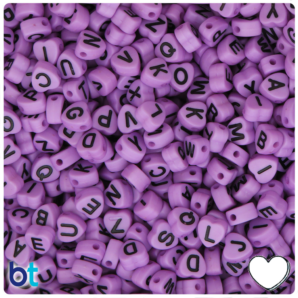 Light Purple Opaque 7mm Heart Alpha Beads - Black Letter Mix (250pcs)
