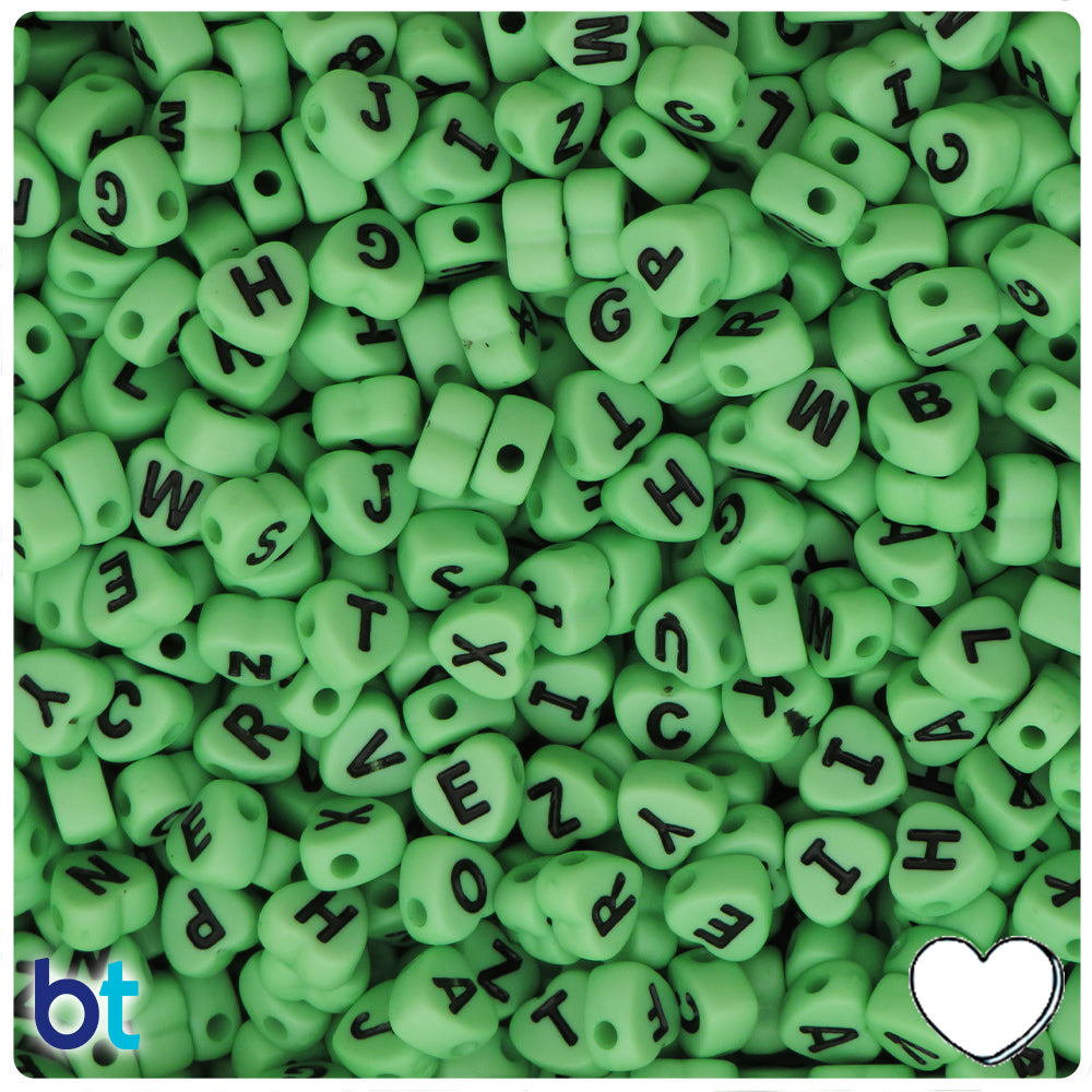 Light Green Opaque 7mm Heart Alpha Beads - Black Letter Mix (250pcs)