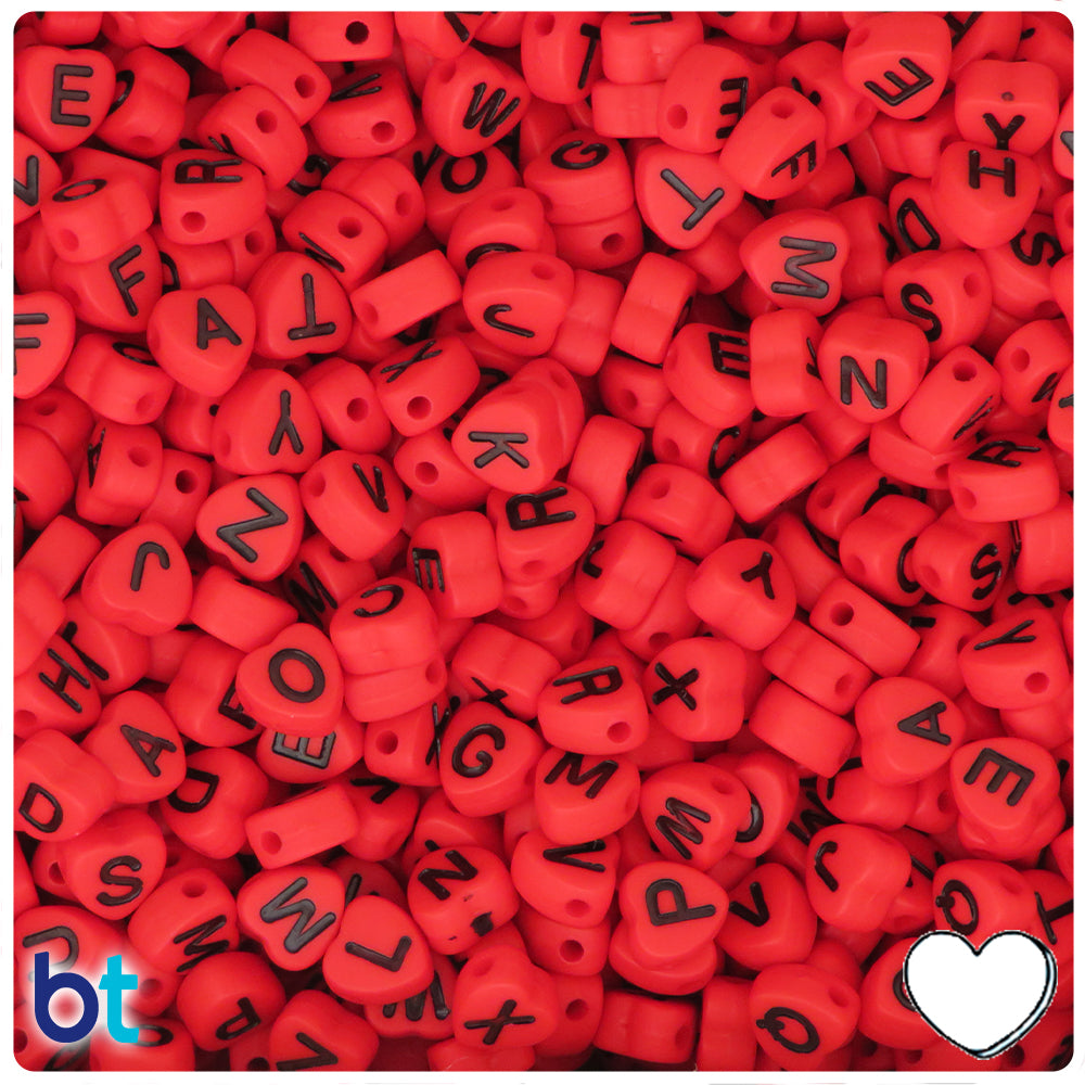 Red Opaque 7mm Heart Alpha Beads - Black Letter Mix (250pcs)