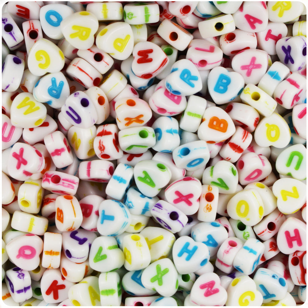 White Opaque 7mm Heart Alpha Beads - Colored Letter Mix (250pcs)