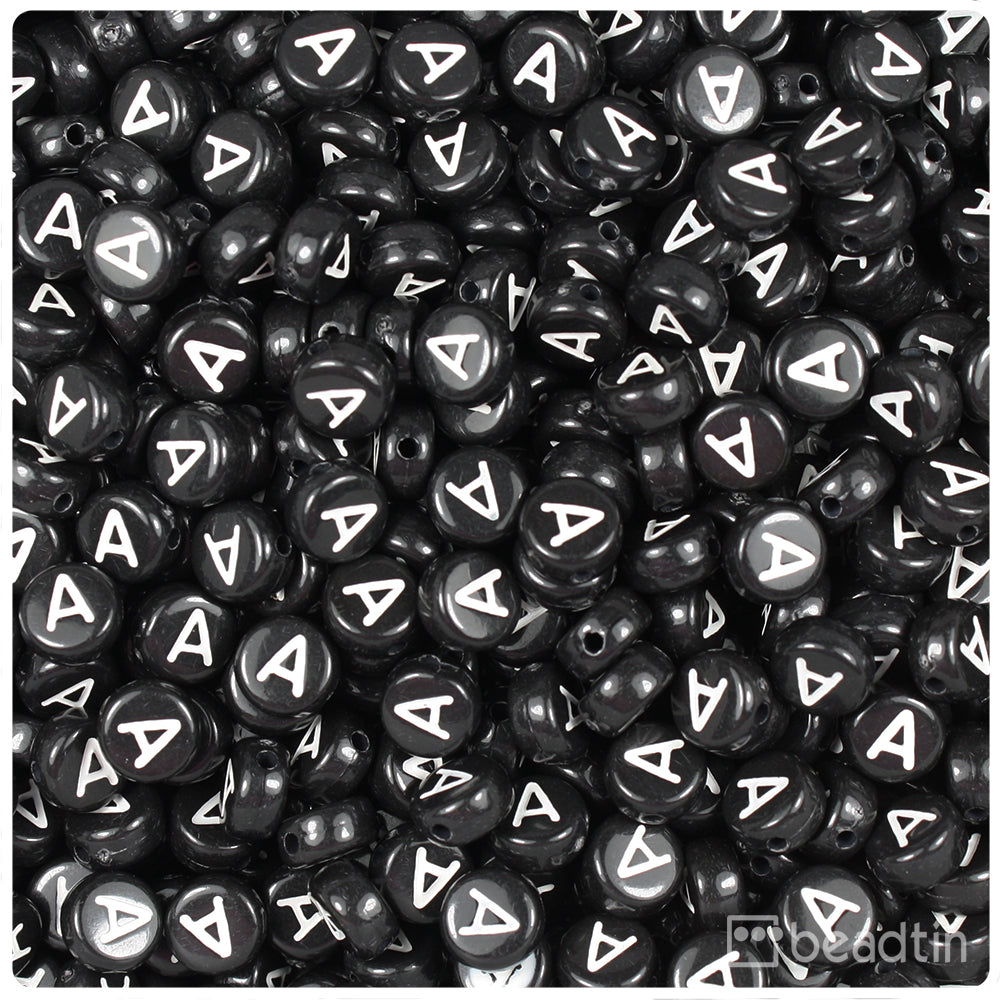 Black Opaque 7mm Coin Alpha Beads - White Letter A (100pcs)