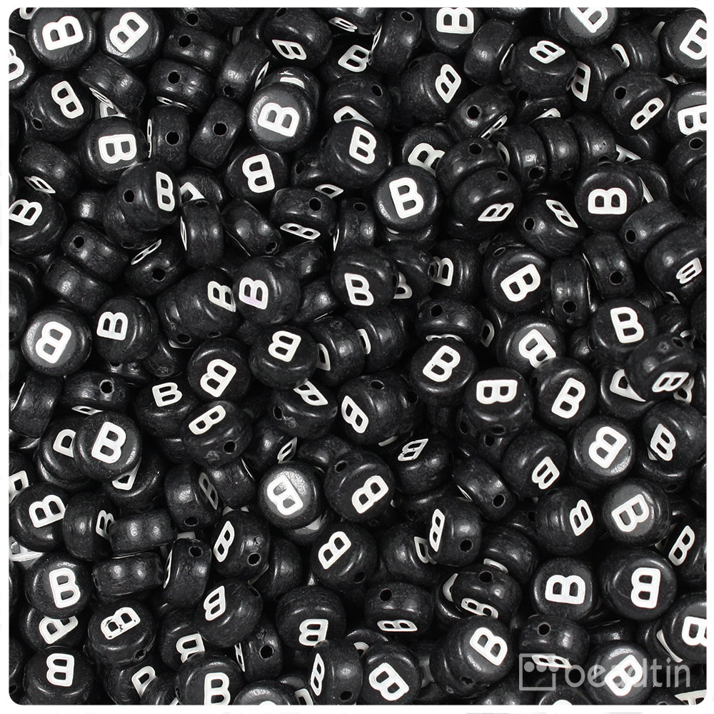 Black Opaque 7mm Coin Alpha Beads - White Letter B (100pcs)