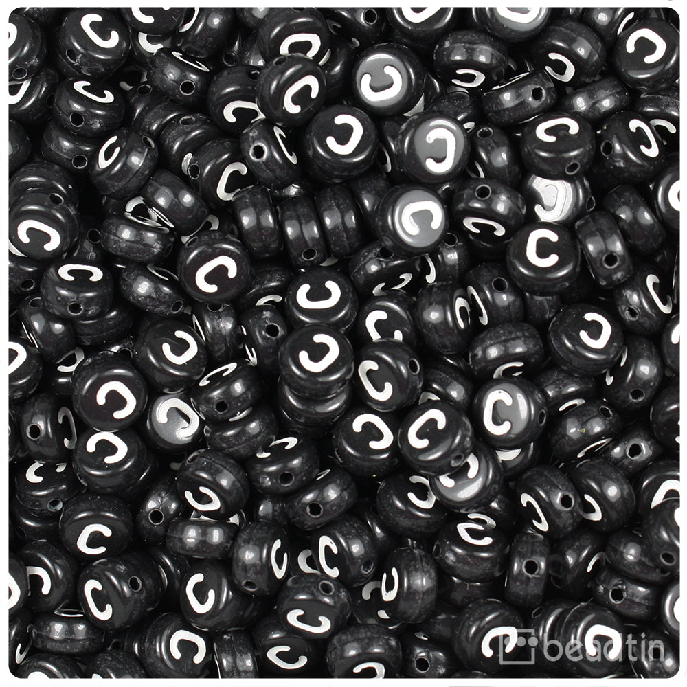 Black Opaque 7mm Coin Alpha Beads - White Letter C (100pcs)