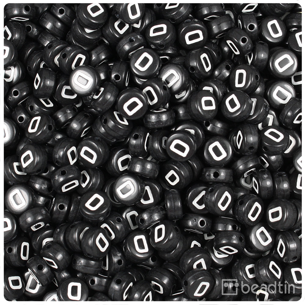 Black Opaque 7mm Coin Alpha Beads - White Letter D (100pcs)