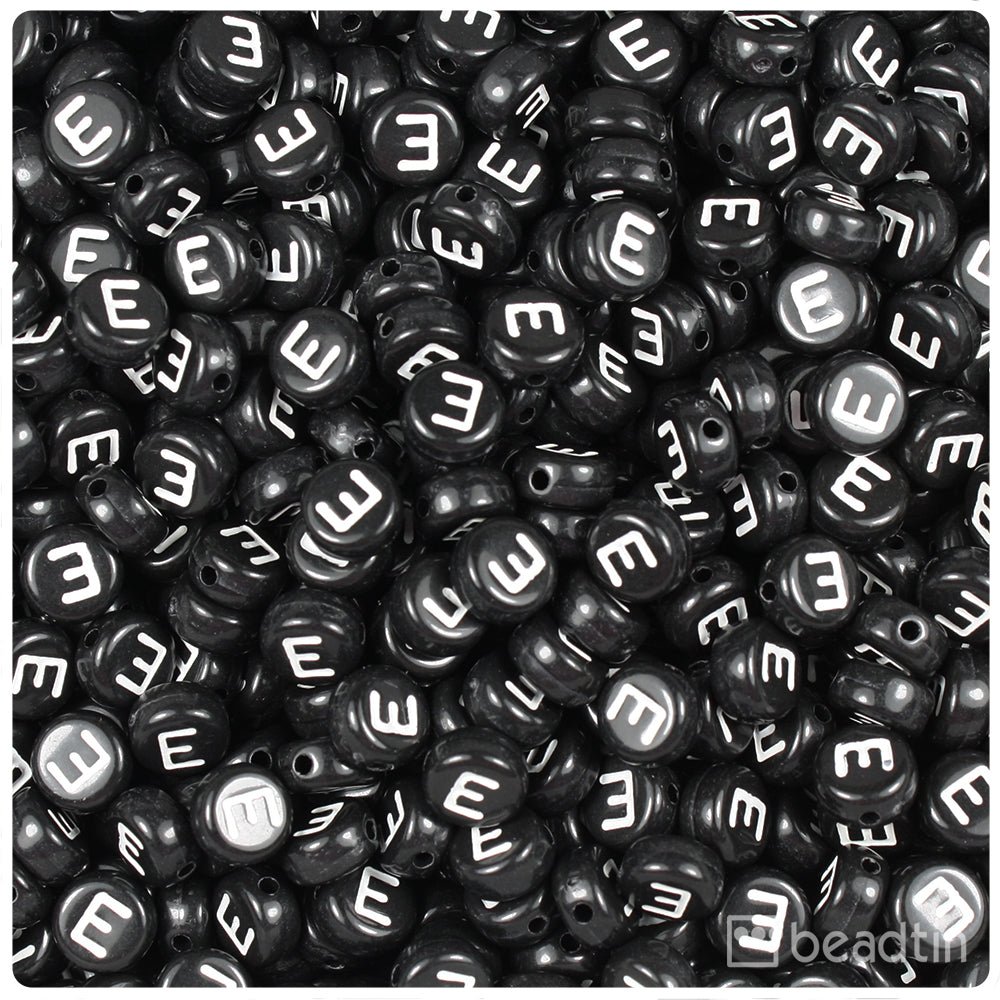Black Opaque 7mm Coin Alpha Beads - White Letter E (100pcs)