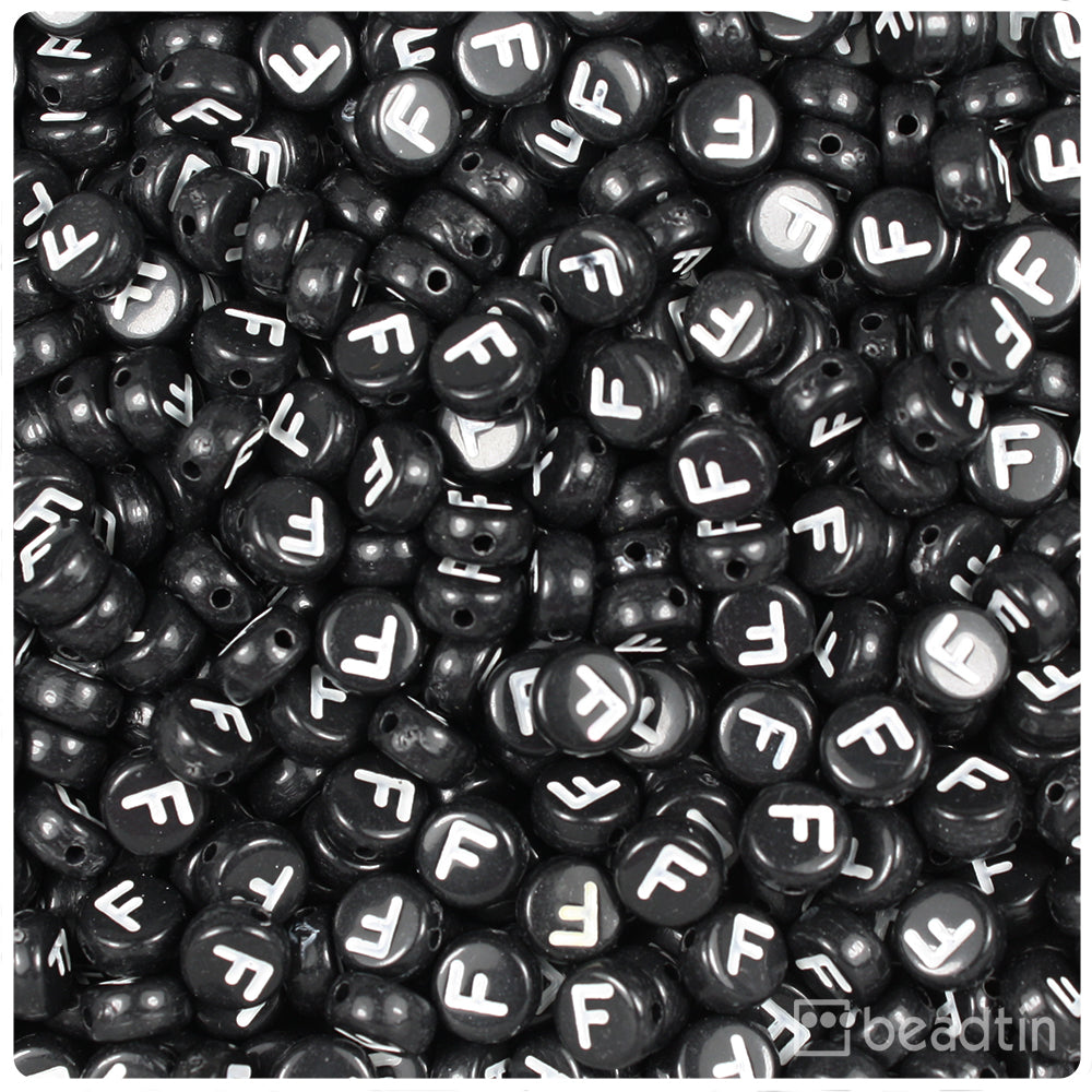Black Opaque 7mm Coin Alpha Beads - White Letter F (100pcs)