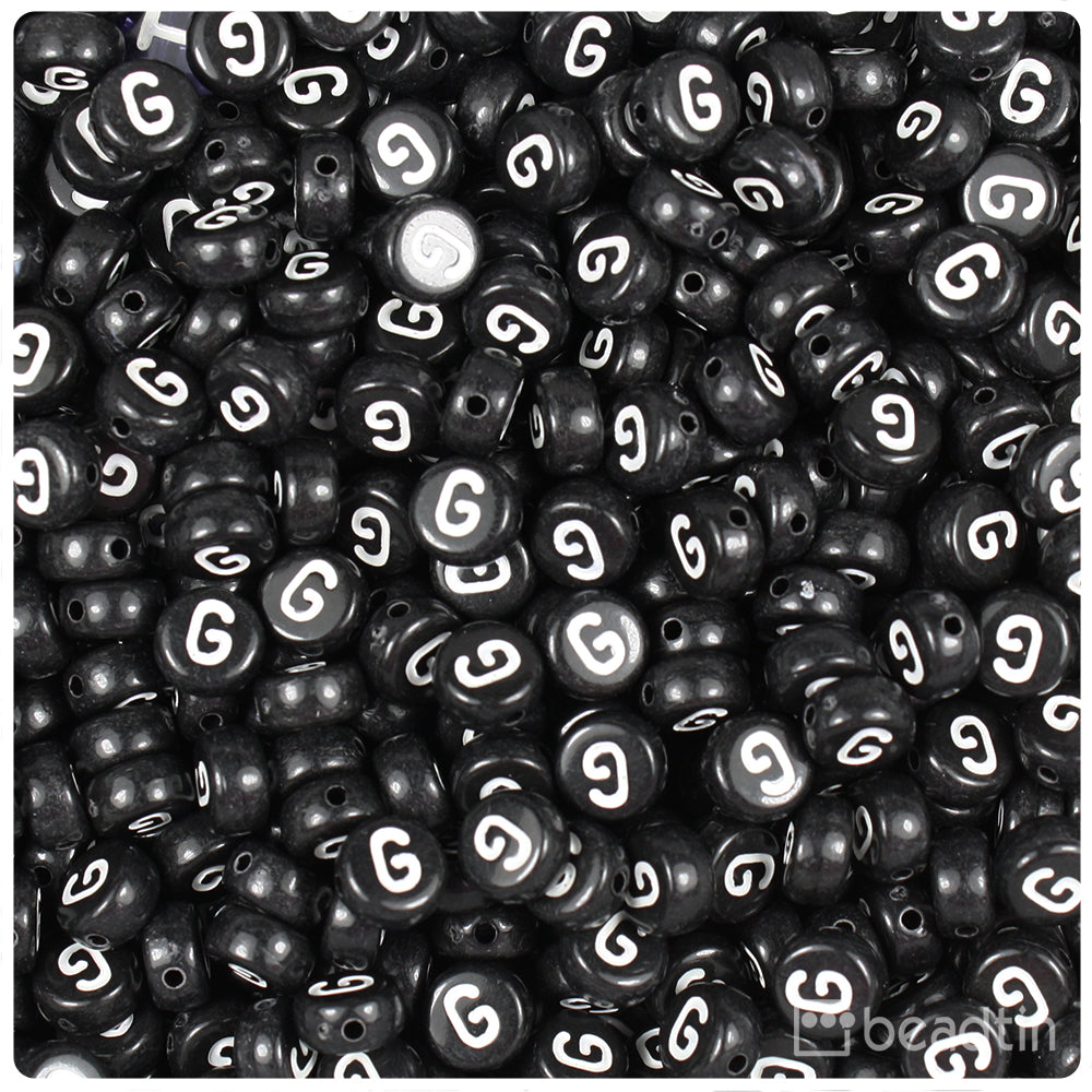 Black Opaque 7mm Coin Alpha Beads - White Letter G (100pcs)