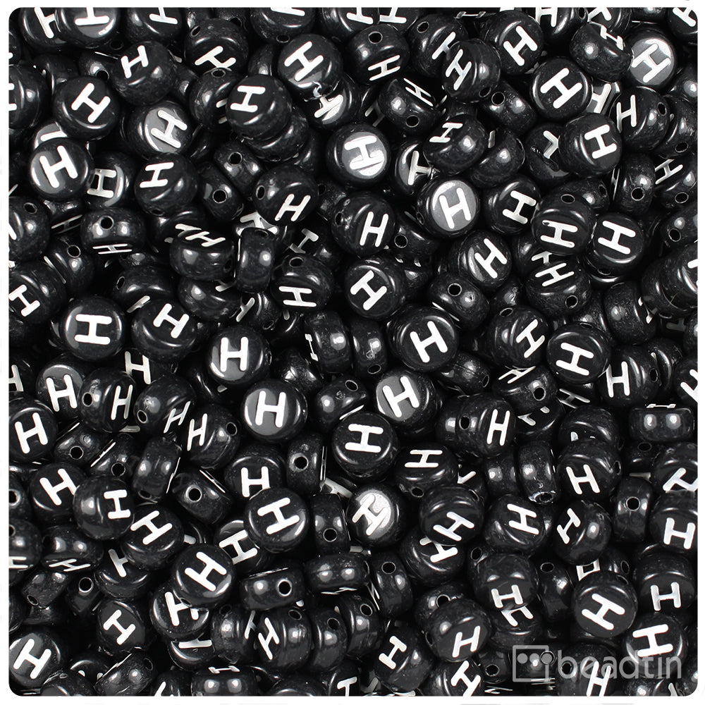 Black Opaque 7mm Coin Alpha Beads - White Letter H (100pcs)
