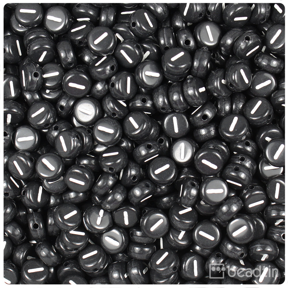 Black Opaque 7mm Coin Alpha Beads - White Letter I (100pcs)