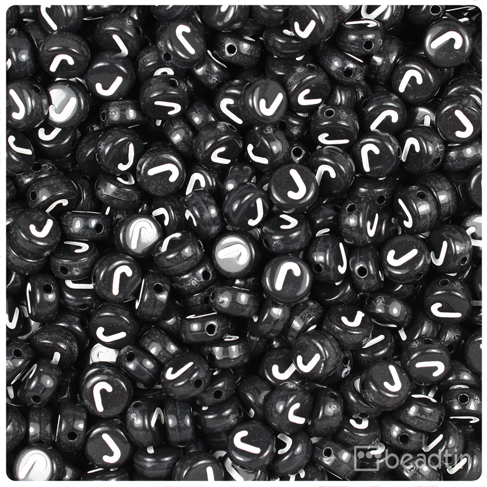 Black Opaque 7mm Coin Alpha Beads - White Letter J (100pcs)