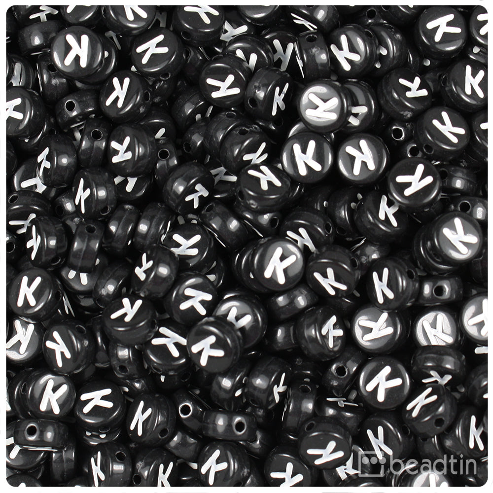 Black Opaque 7mm Coin Alpha Beads - White Letter K (100pcs)