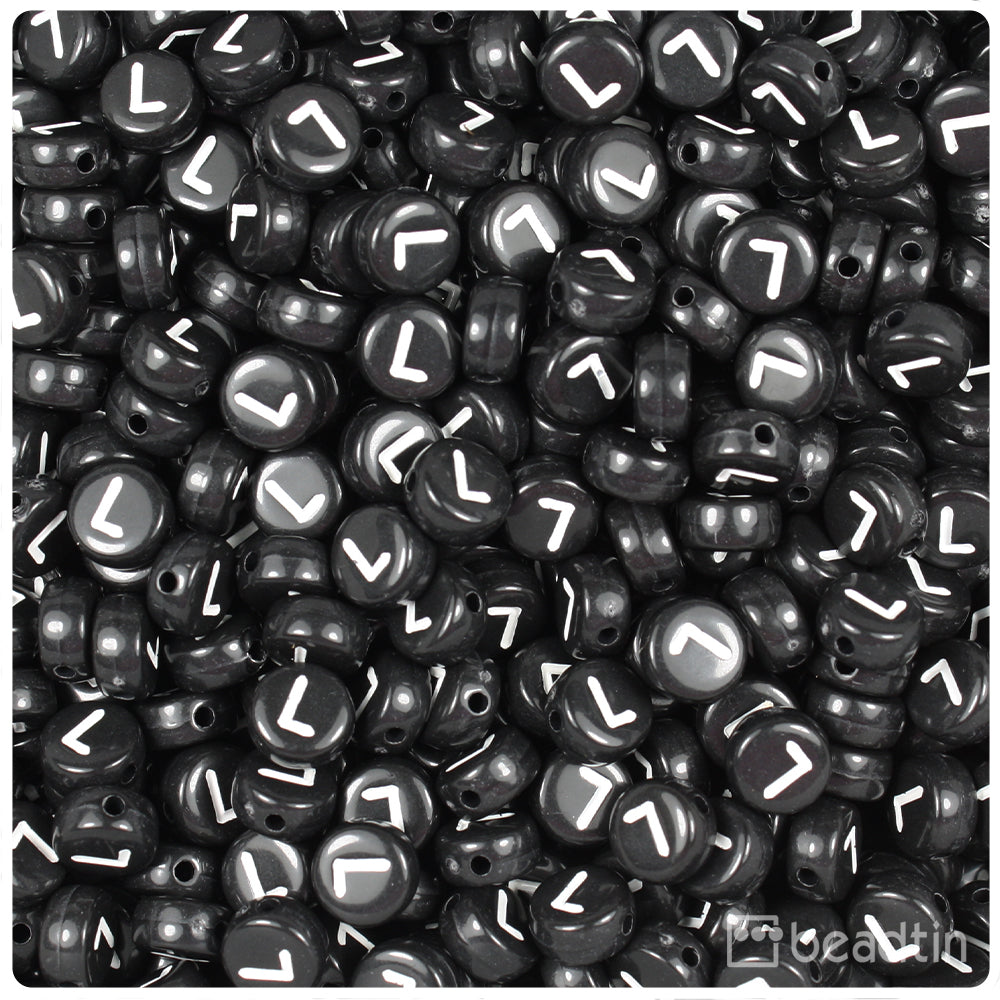 Black Opaque 7mm Coin Alpha Beads - White Letter L (100pcs)