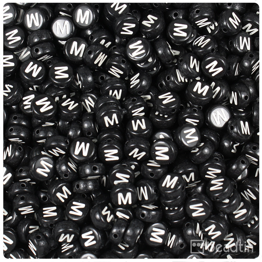 Black Opaque 7mm Coin Alpha Beads - White Letter M (100pcs)