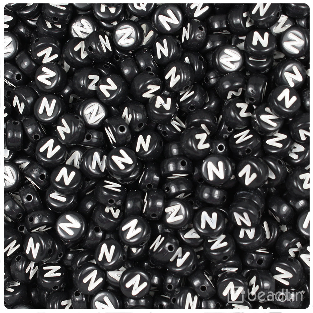 Black Opaque 7mm Coin Alpha Beads - White Letter N (100pcs)