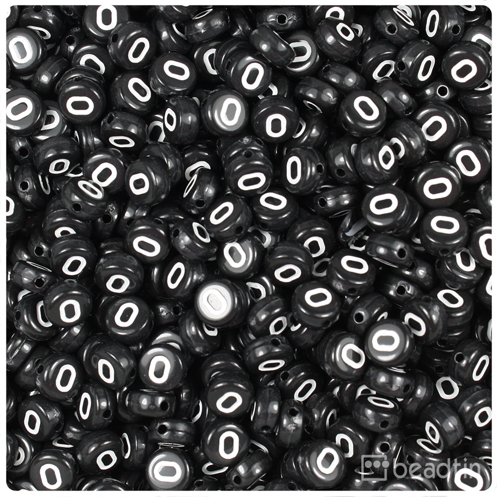 Black Opaque 7mm Coin Alpha Beads - White Letter O (100pcs)