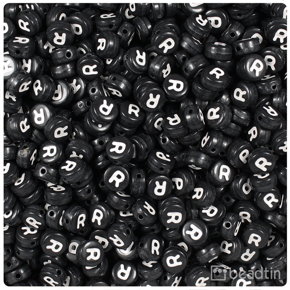 Black Opaque 7mm Coin Alpha Beads - White Letter R (100pcs)
