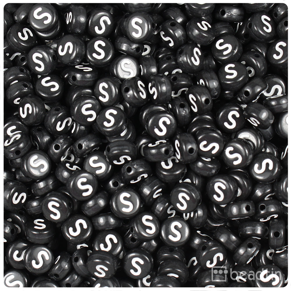 Black Opaque 7mm Coin Alpha Beads - White Letter S (100pcs)