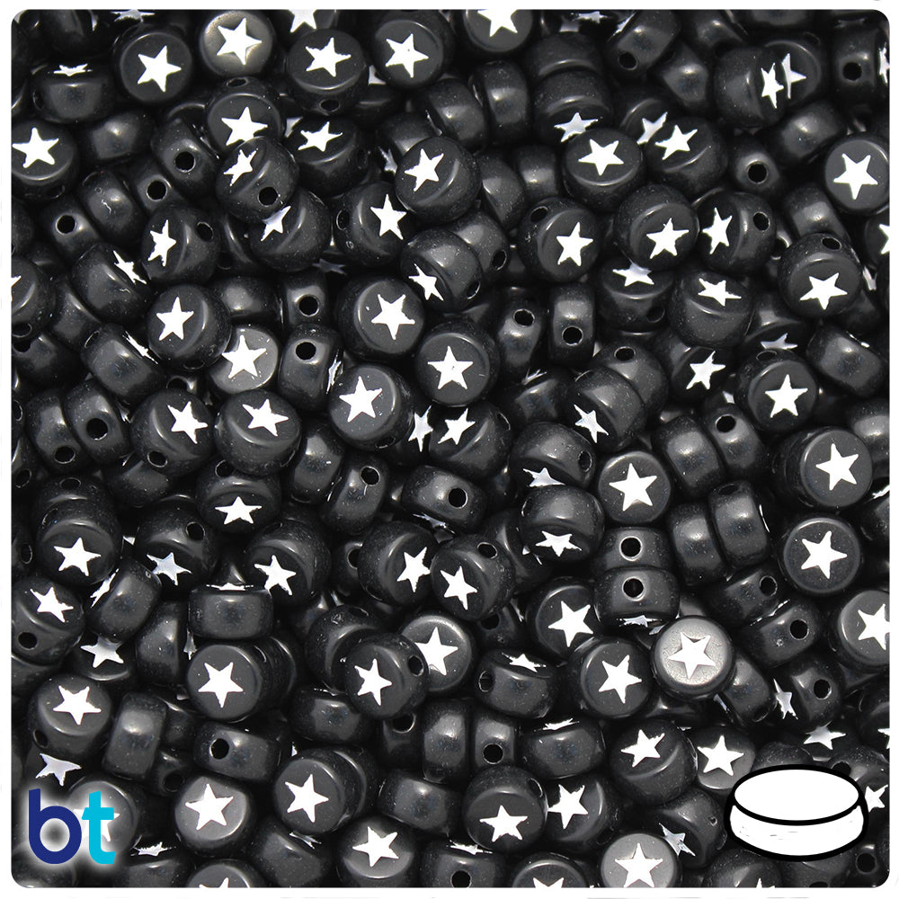 Black Opaque 7mm Coin Alpha Beads - White Stars (250pcs)