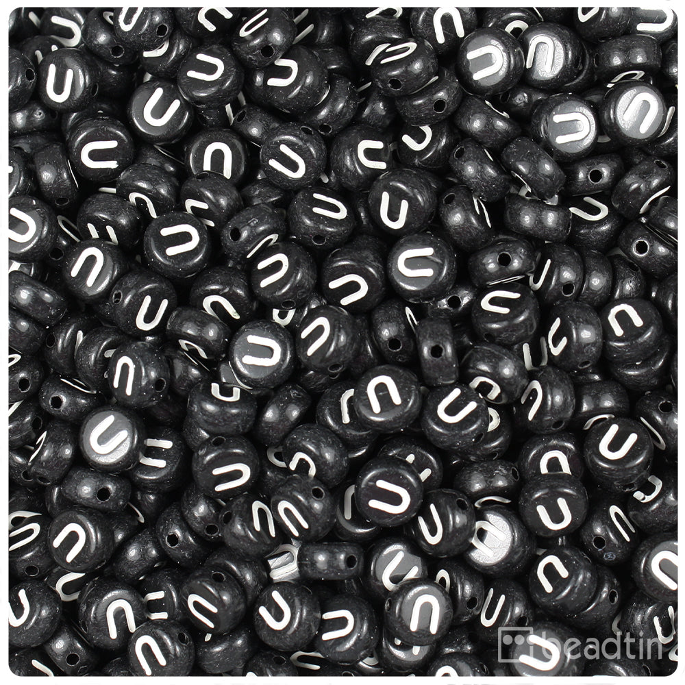 Black Opaque 7mm Coin Alpha Beads - White Letter U (100pcs)