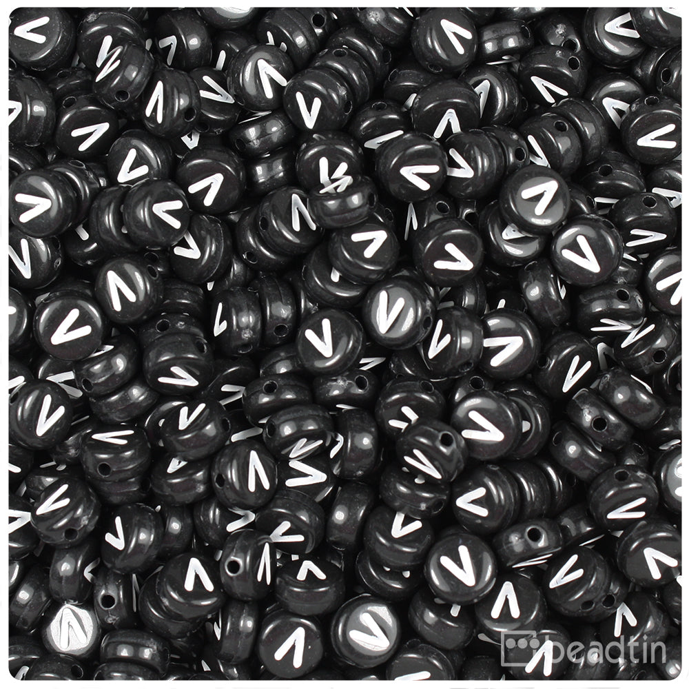 Black Opaque 7mm Coin Alpha Beads - White Letter V (100pcs)