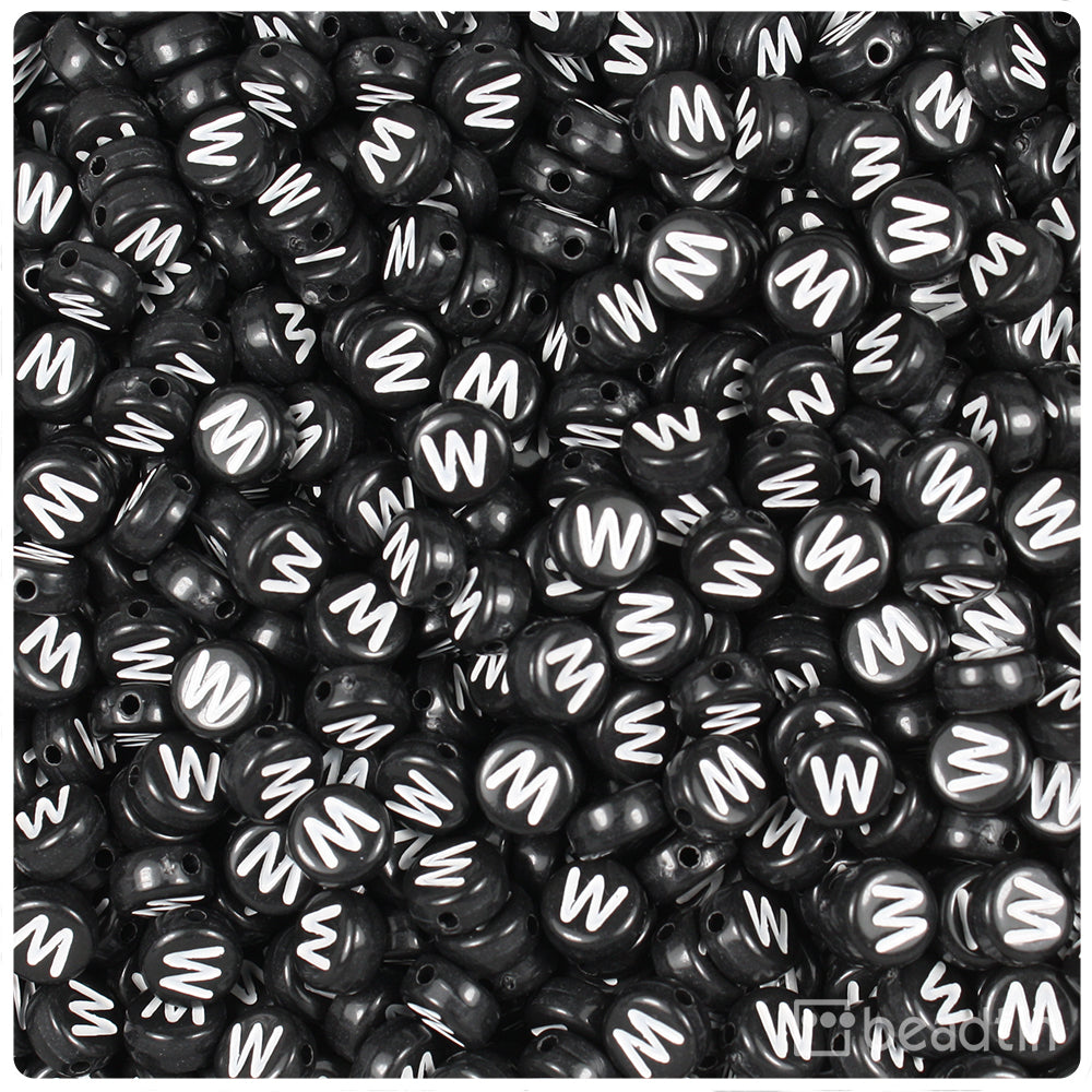 Black Opaque 7mm Coin Alpha Beads - White Letter W (100pcs)