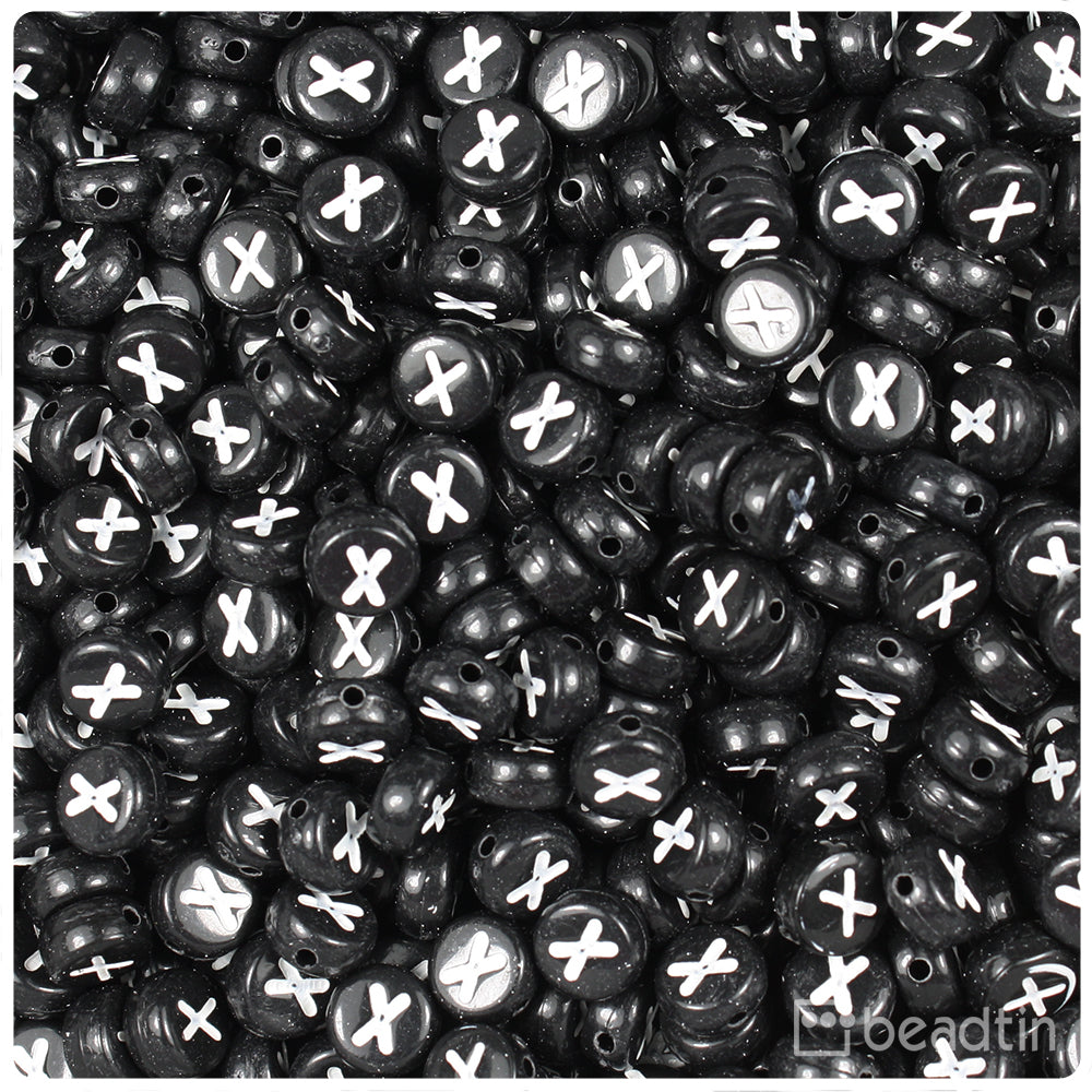 Black Opaque 7mm Coin Alpha Beads - White Letter X (100pcs)