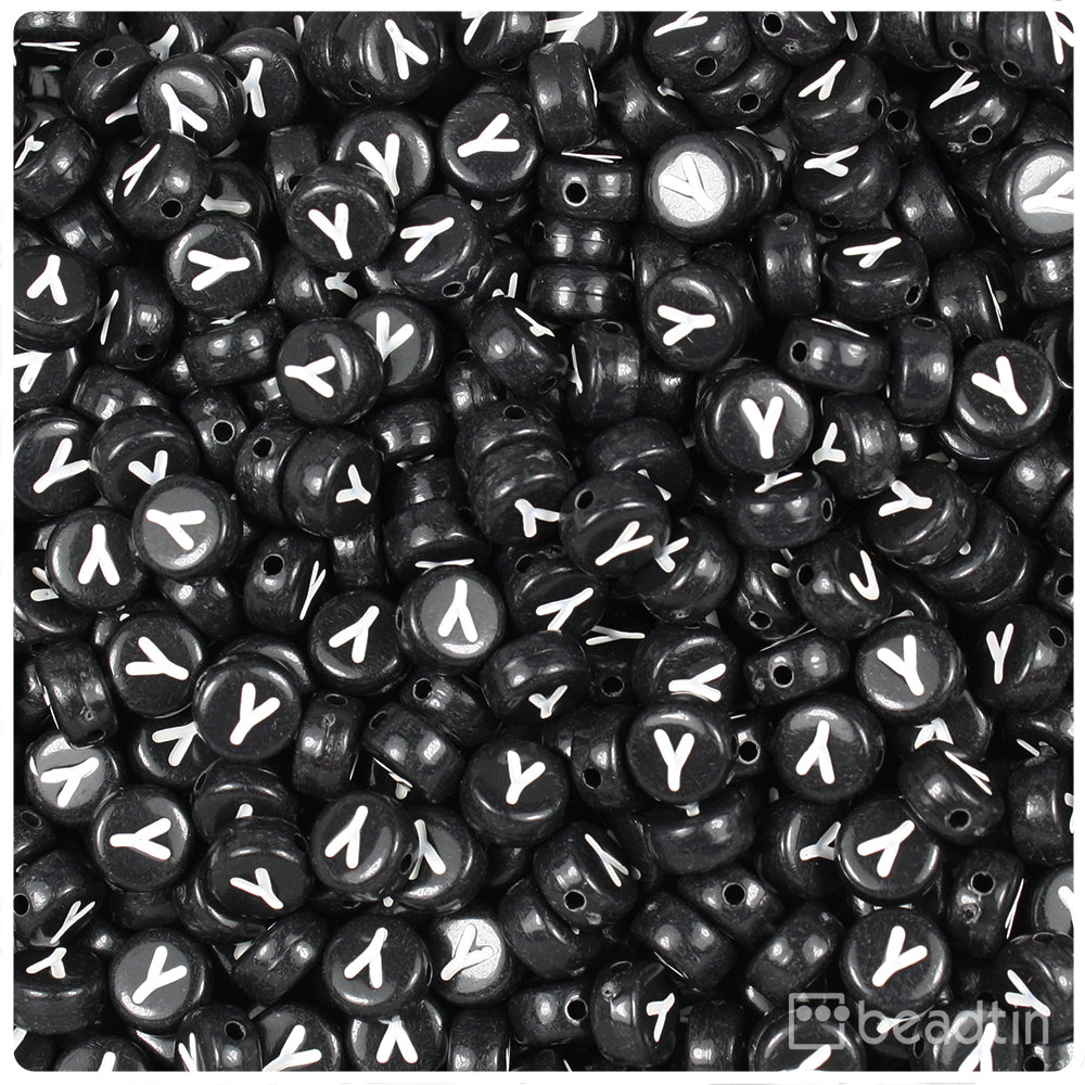Black Opaque 7mm Coin Alpha Beads - White Letter Y (100pcs)
