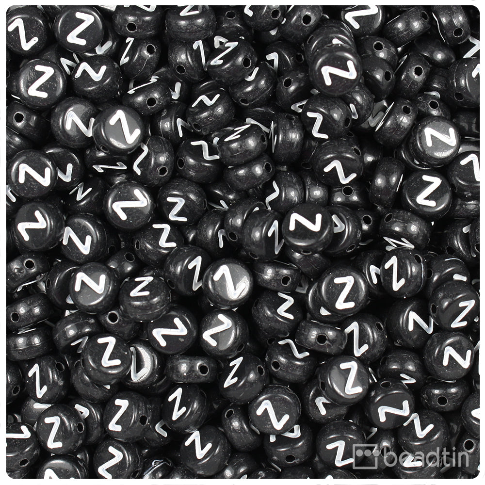 Black Opaque 7mm Coin Alpha Beads - White Letter Z (100pcs)