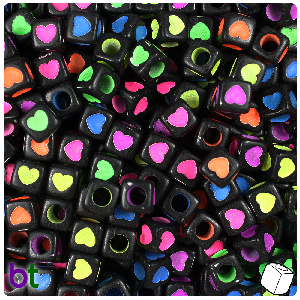Black Opaque 7mm Cube Alpha Beads - Colored Hearts (150pcs)