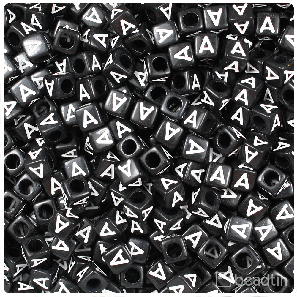 Black Opaque 6mm Cube Alpha Beads - White Letter A (80pcs)