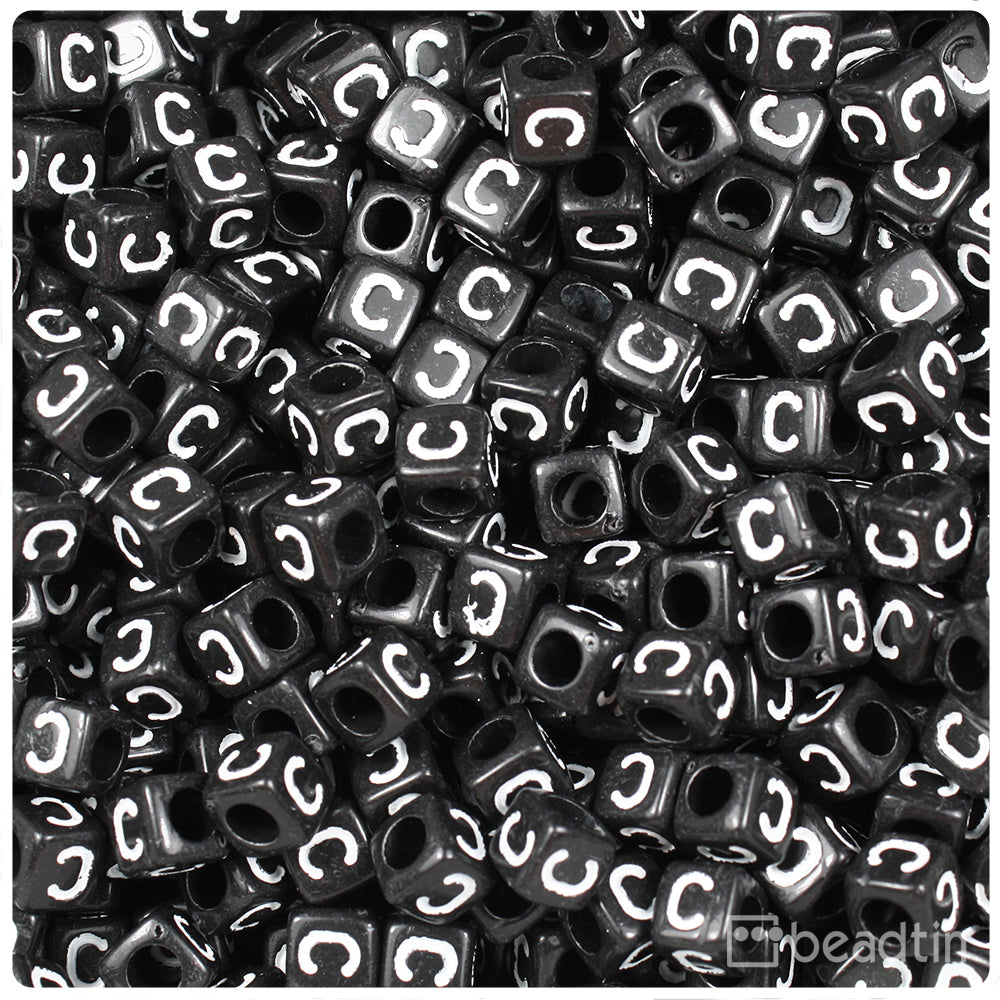 Black Opaque 6mm Cube Alpha Beads - White Letter C (80pcs)