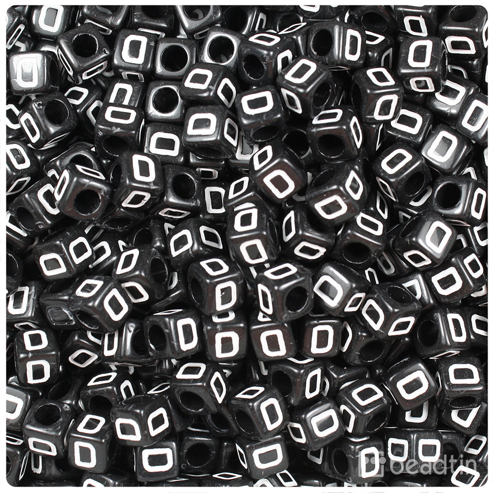 Black Opaque 6mm Cube Alpha Beads - White Letter D (80pcs)