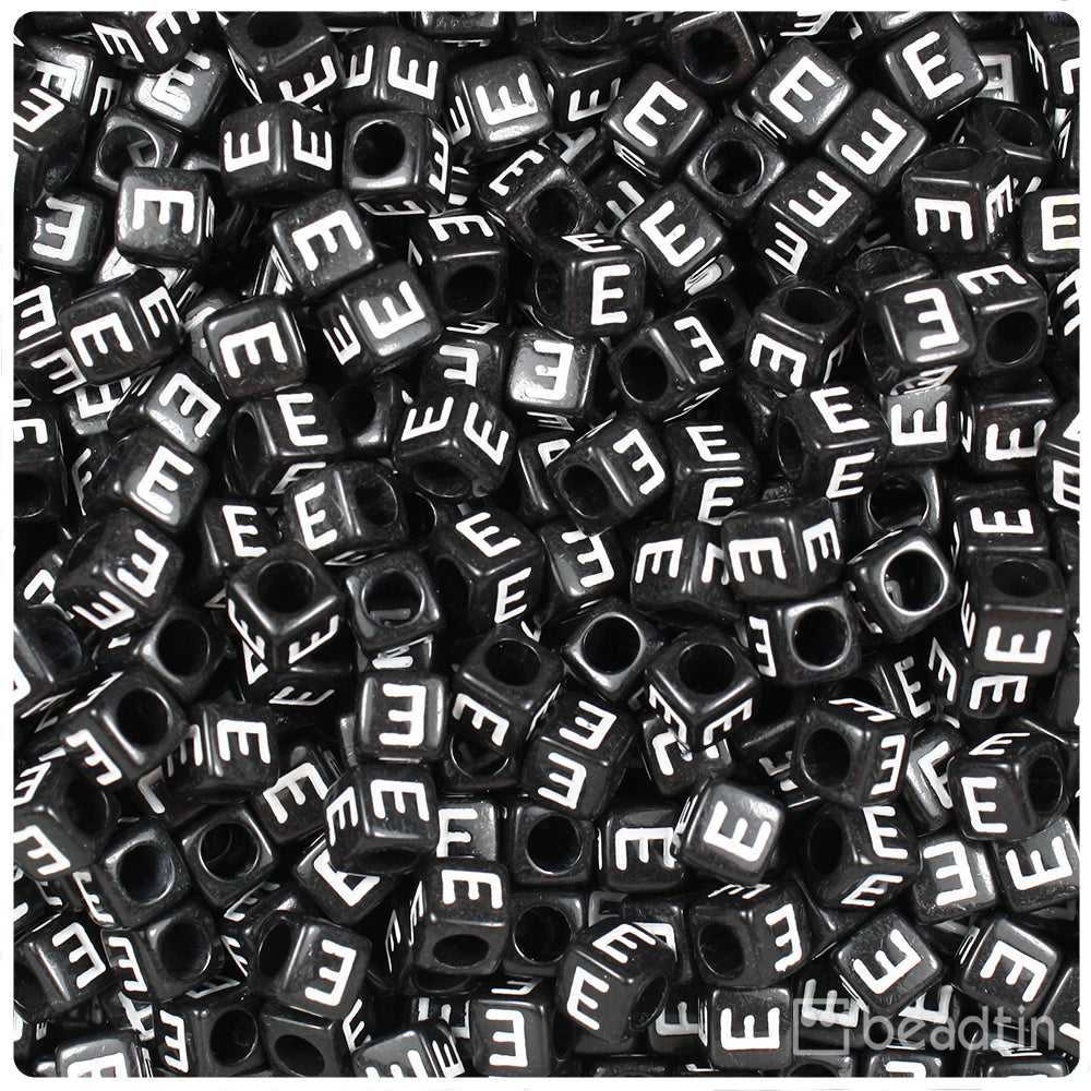 Black Opaque 6mm Cube Alpha Beads - White Letter E (80pcs)