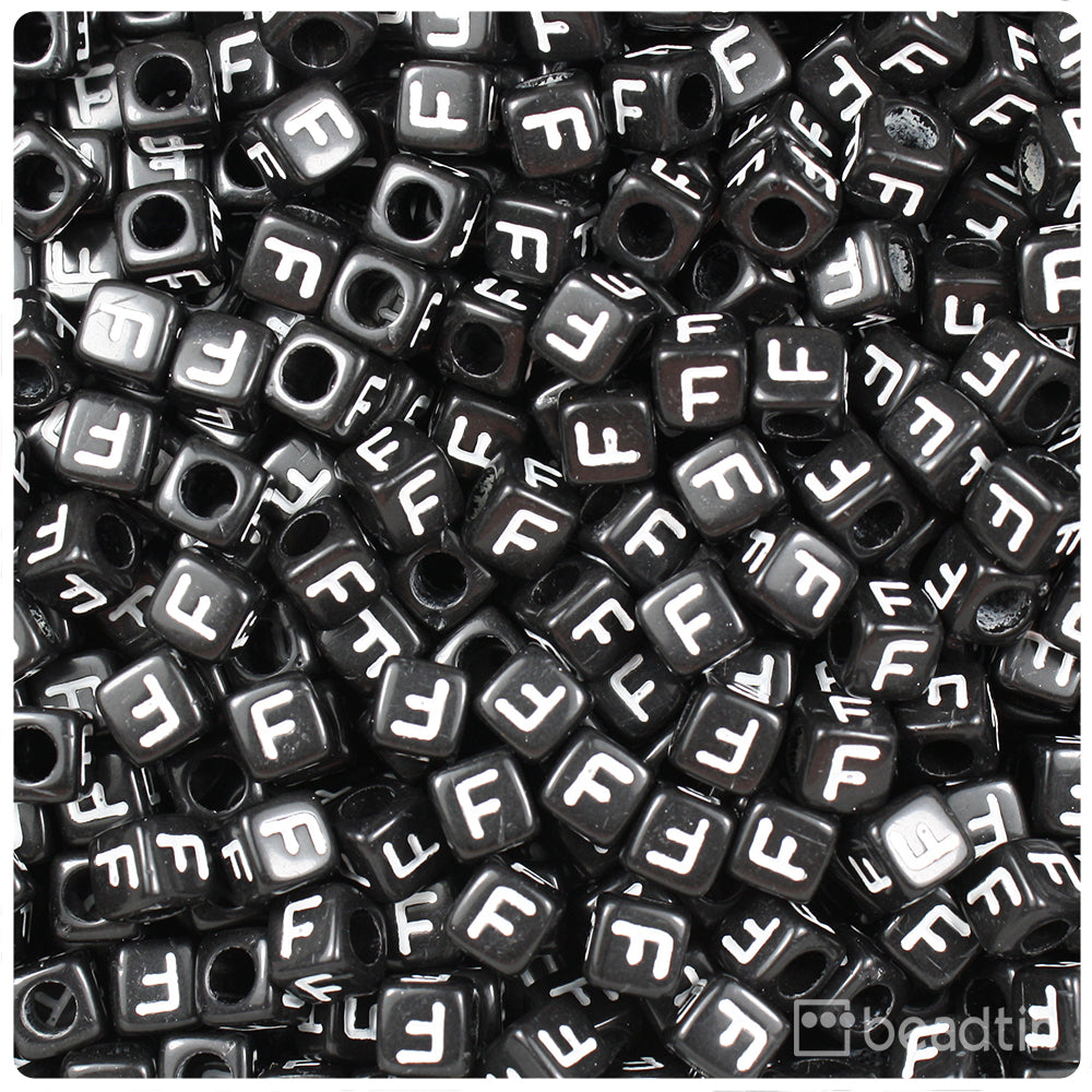Black Opaque 6mm Cube Alpha Beads - White Letter F (80pcs)