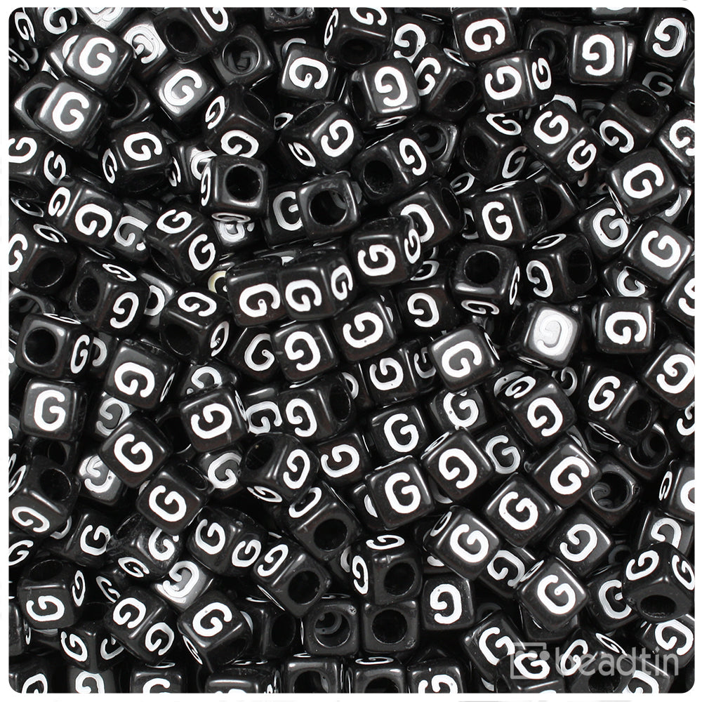 Black Opaque 6mm Cube Alpha Beads - White Letter G (80pcs)