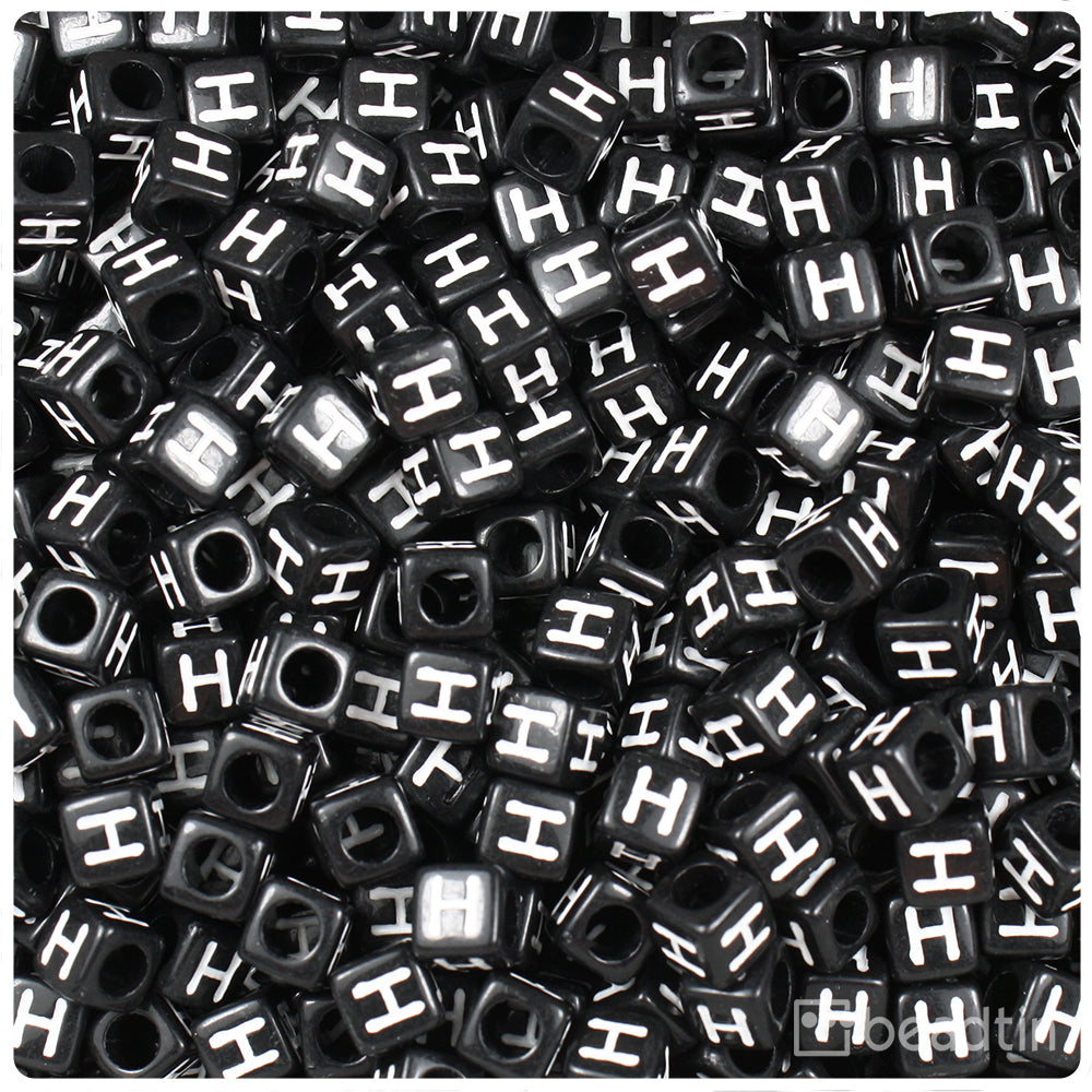 Black Opaque 6mm Cube Alpha Beads - White Letter H (80pcs)