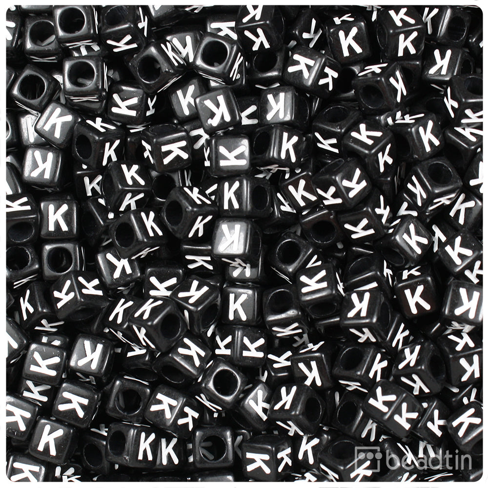 Black Opaque 6mm Cube Alpha Beads - White Letter K (80pcs)