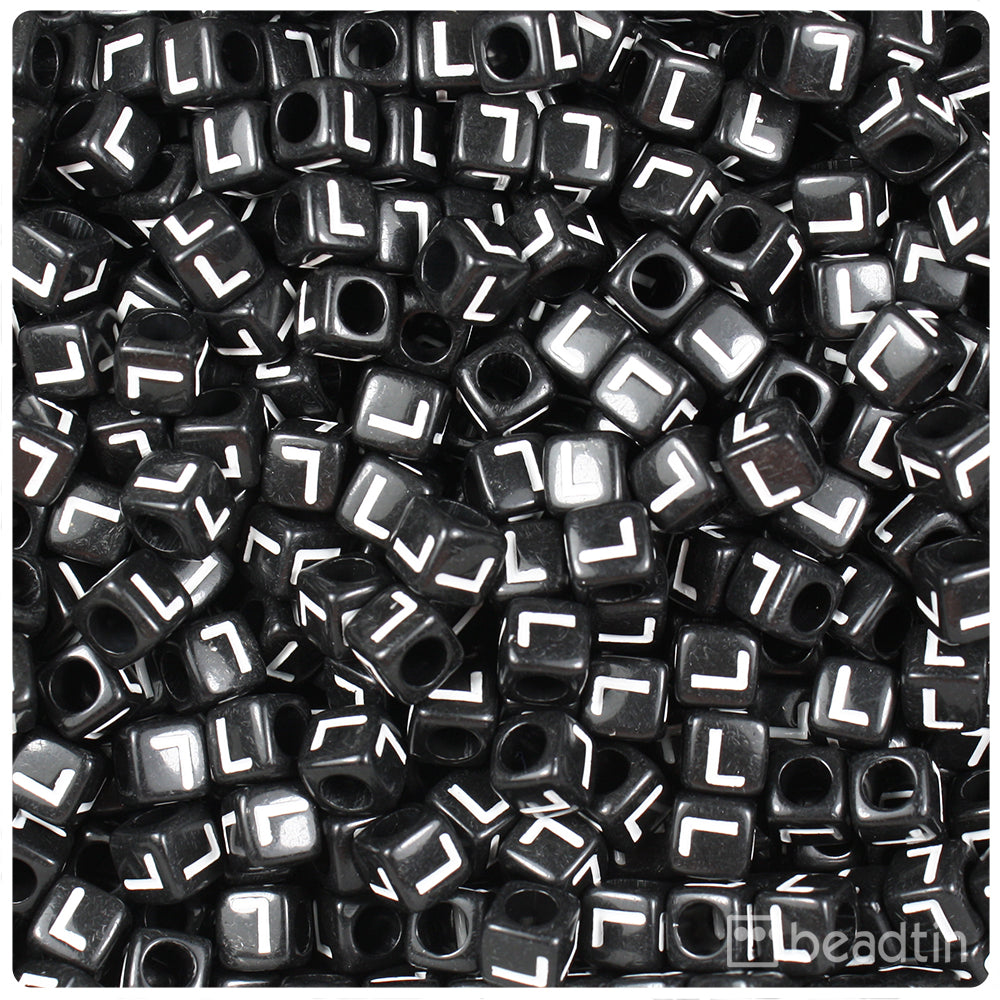 Black Opaque 6mm Cube Alpha Beads - White Letter L (80pcs)