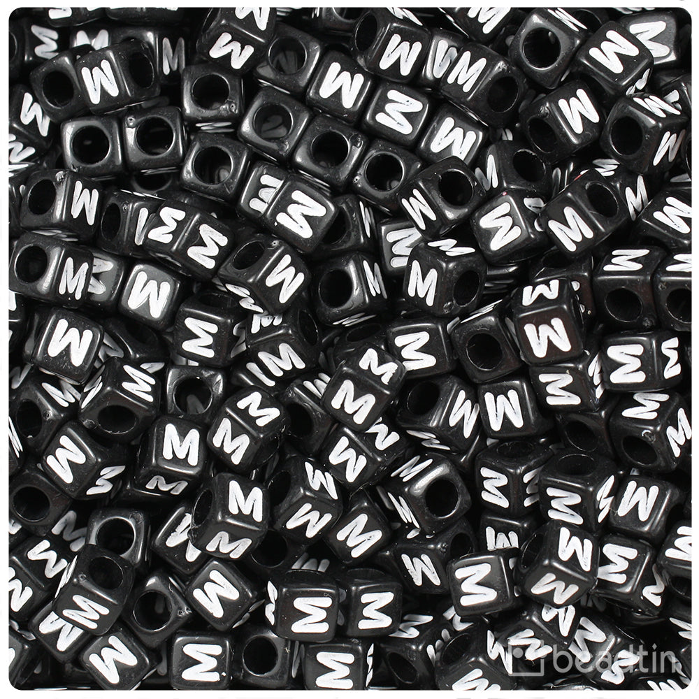 Black Opaque 6mm Cube Alpha Beads - White Letter M (80pcs)