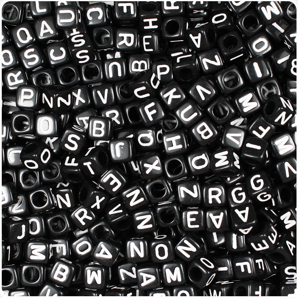 Black Opaque 6mm Cube Alpha Beads - White Letter Mix (200pcs)