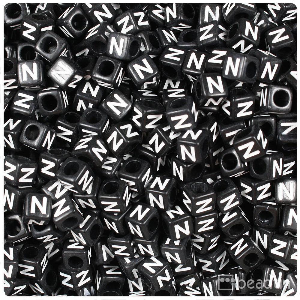Black Opaque 6mm Cube Alpha Beads - White Letter N (80pcs)